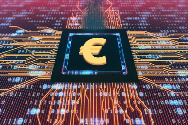 istock Digital electronic components, circuit boards, technology era, currency symbols 858052654