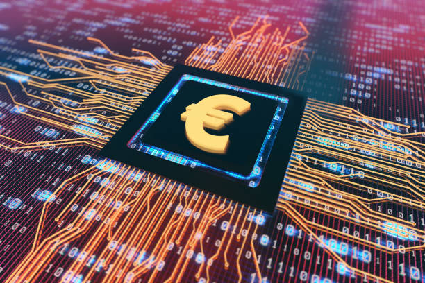 istock Digital electronic components, circuit boards, technology era, currency symbols 858052698
