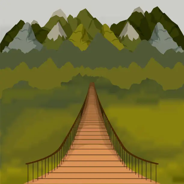 Vector illustration of background outside suspension bridge and forest scenary behind window