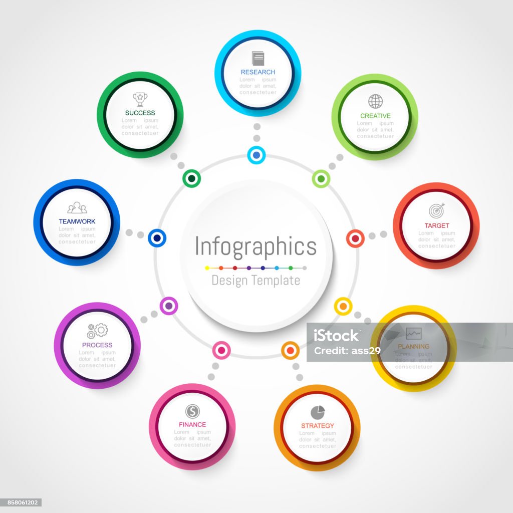 Infographic 디자인 요소 9 옵션, 부품, 단계, 일정 또는 프로세스, 비즈니스 데이터에 대 한 개념 둥근 원형. 벡터 일러스트입니다. - 로열티 프리 8-9 살 벡터 아트