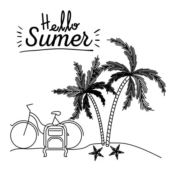 Vector illustration of monochrome poster of hello summer with landscape in beach with bike and luggage next to palm trees