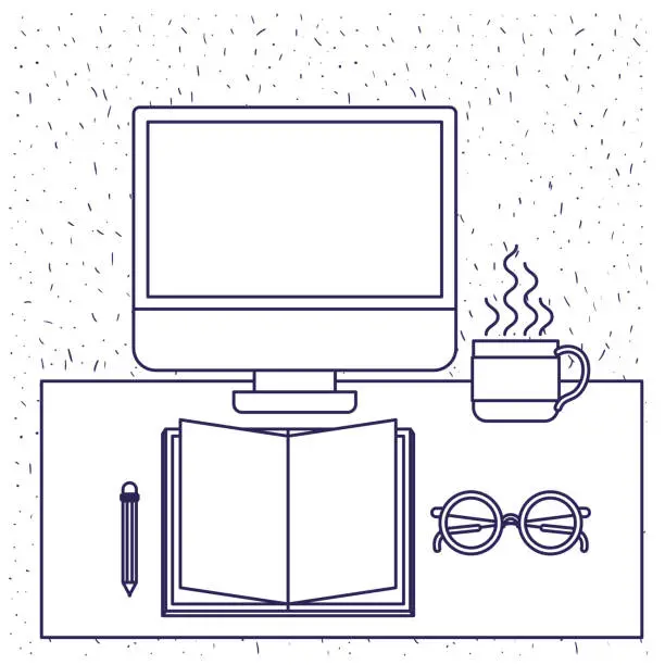 Vector illustration of white background with blue silhouette of office desk with computer book and glasses and pencil and coffee cup