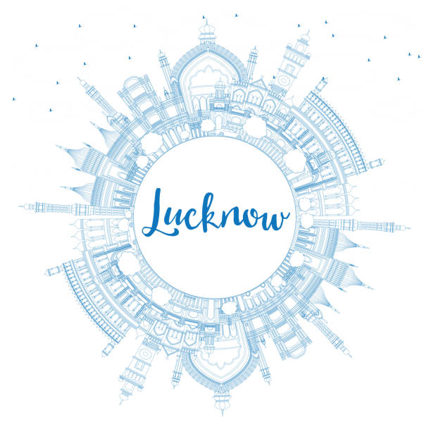 ilustraciones, imágenes clip art, dibujos animados e iconos de stock de horizonte de lucknow contorno azul edificios y espacio de la copia. - lucknow