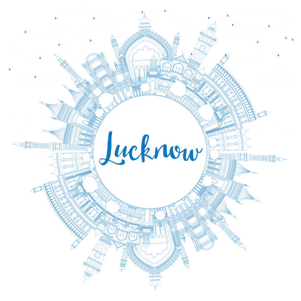 illustrazioni stock, clip art, cartoni animati e icone di tendenza di delinea lo skyline di lucknow con edifici blu e spazio di copia. - lucknow