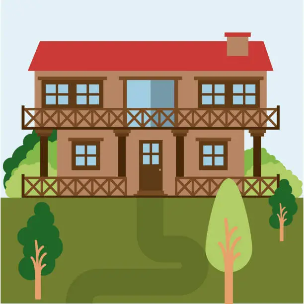 Vector illustration of colorful natural landscape with country house of two floors with railing