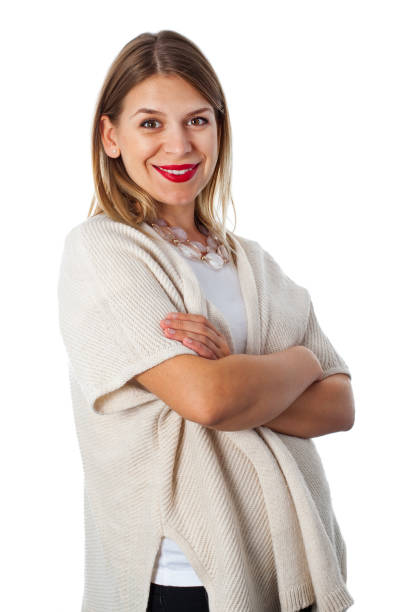 istock Charming lady with red lips and knitted cardigan 858075444