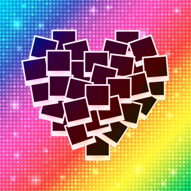 istock Heart concept made with empty photos on shining rainbow background. Memories, card, love template design. Vector illustration 858080350