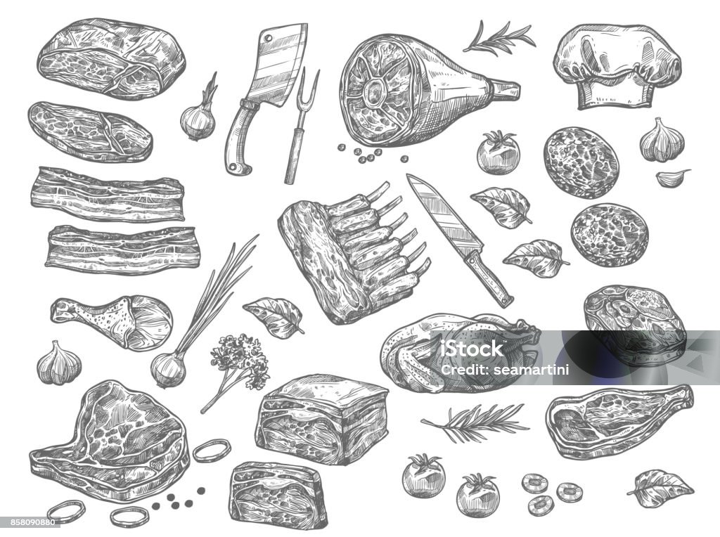 Vector sketch icons of meat for butchery shop - Royalty-free Carne arte vetorial