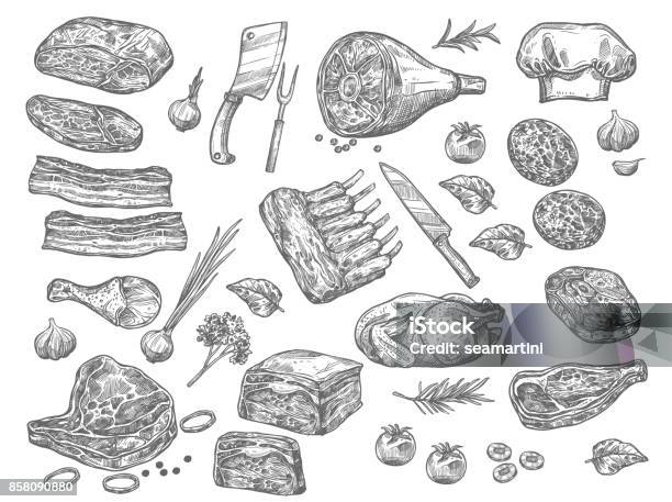 Vector Sketch Icons Of Meat For Butchery Shop Stock Illustration - Download Image Now - Meat, Illustration, Sketch