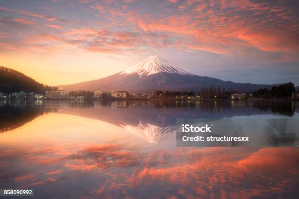 Fuji Mountain Reflection On Water With Sunrise Landscapefuji Mountain At Kawaguchiko Lake Japan Stock Photo - Download Image Now