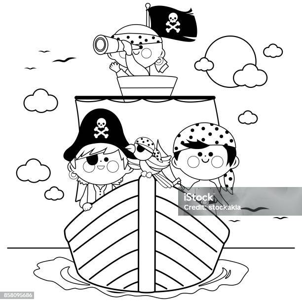 Pirates Sailing On A Ship At The Sea Black And White Coloring Book Page Stock Illustration - Download Image Now