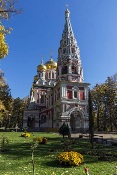 Photo of Autumn view of Russian church (Monastery Nativity) in town of Shipka, Bulgaria