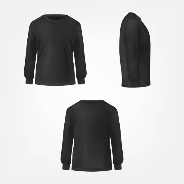 Black jumper three sides view realistic vector Black jumper with crew neck and long sleeve in three sides view realistic vector set isolated on white background. Modern unisex casual cloth template for fashion concept, clothing store advertising round neckline stock illustrations