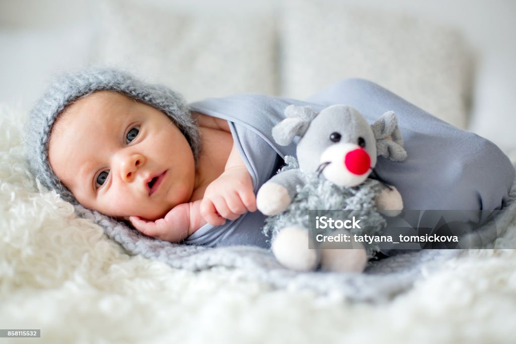 Little newborn baby boy, looking curiously at camera Little newborn baby boy, looking curiously at camera, lay dawn in bed, holding little toy Baby - Human Age Stock Photo