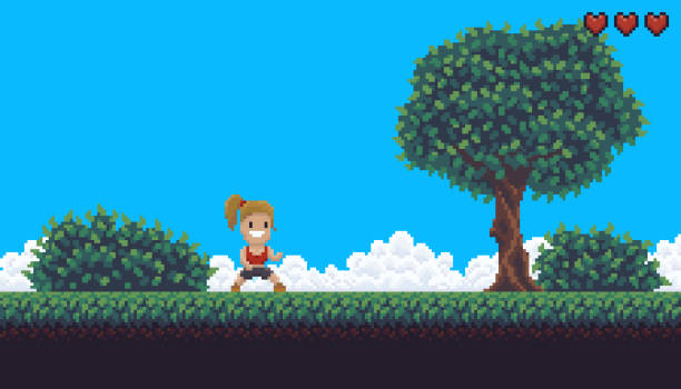 Pixel Game Background Pixel art game background with girl character, ground, grass, sky, clouds, tree, bushes and hearts nerd stock illustrations