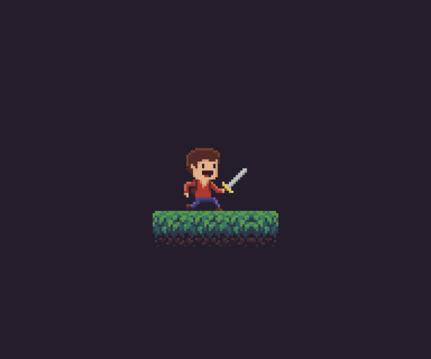 Pixel Art Swordsman Pixel art character with sword ready to fight staying on grass isolated in the dark superheld stock illustrations