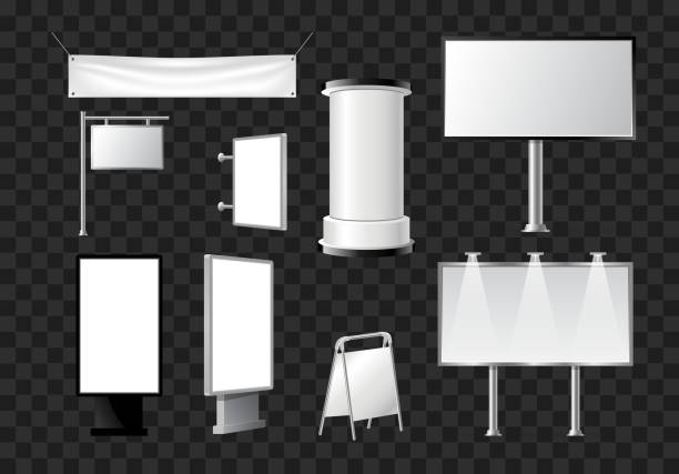 Set of advertising pillars, columns, pennants - modern vector isolated objects Set of advertising pillars, columns, pennants - modern vector isolated objects on transparent background. Realistic white and black roll up and pop up banner stands, tripods, booths for promo offers advertising column stock illustrations