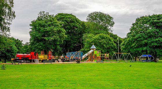 Aberdeen city views, Scottish cities, public family parks, landscapes, summer season, cloudy skies, playground equipment