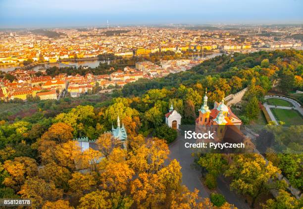 Prague City Panorama Aerial View Of Petrin Hill Park And Vltava River From Petrin Lookout Tower Prague Czech Republic Stock Photo - Download Image Now