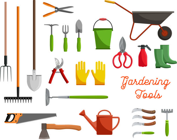 векторные значки сельскохозяйственных садовых инструментов - trowel shovel gardening equipment isolated stock illustrations