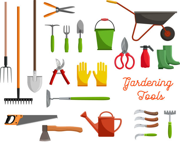 Vector icons of farm gardening tools Gardening or gardener planting work tools icons. Vector isolated set of garden rake, spade or watering can and bucket, tree cutter scissors and farmer boots with wheelbarrow and pitchfork, ax and saw trowel shovel gardening equipment isolated stock illustrations