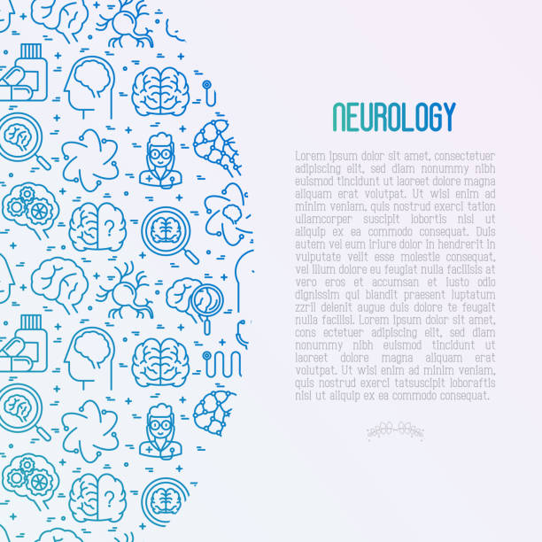 istock Neurology concept with thin line icons: brain, neuron, neural connections, neurologist, magnifier. Vector illustration for medical survey or report with place for text. 858130602