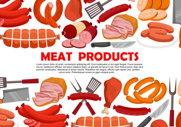 Vector poster of fresh meat products Meat products and sausages for butcher shop. Vector delicatessen of bacon, ham or pork brisket and salami with pepperoni and cervelat, lyon grill sausage or kielbasa wurst and frankfurter bratwurst vienna sausage stock illustrations