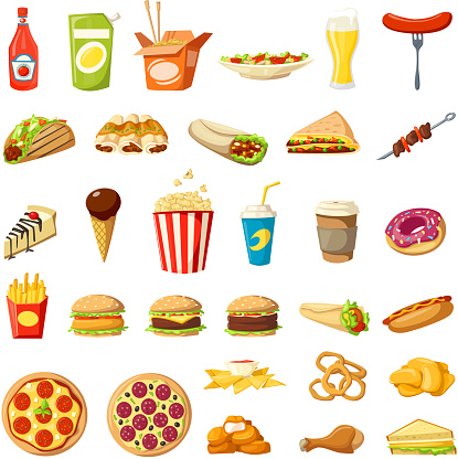 Fast food flat icons set. Vector isolated cheeseburger burger, hot dog sandwich and pizza, donut or popcorn dessert and coffee drink, cake or burrito and tacos or ice cream and fries for fastfood menu