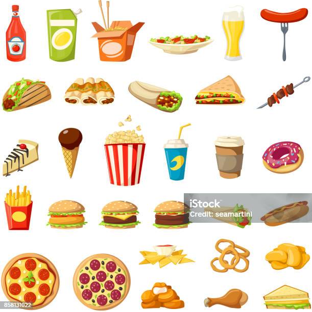 Vector Fast Food Icons Isolated Burgers Sandwiches Stock Illustration - Download Image Now - Fast Food, Food, Take Out Food