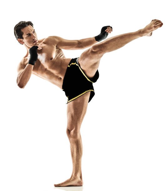 one caucasian Muay Thai kickboxing kickboxer thai boxing man isolated on white background
