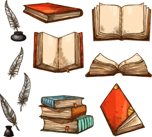Vector illustration of Vector icons of old books and manuscripts sketch