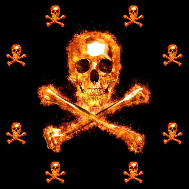 Photo of Burning Skull and Crossbones, 3D, Isolated Against a Black Background.
