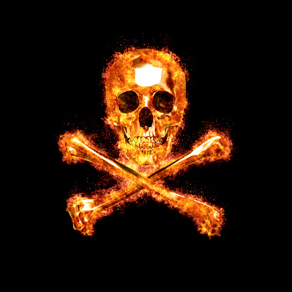 Burning Skull and Crossbones, 3D, Isolated Against a Black Background.