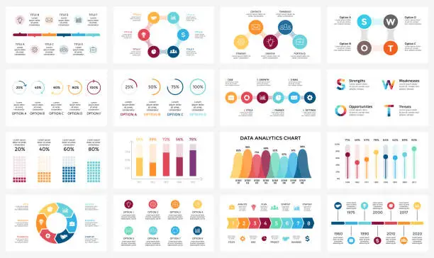 Vector illustration of Vector arrows infographic, diagram chart, graph presentation. Business report with 3, 4, 5, 6, 7, 8 options, parts, steps, processes. Timeline. Data analytics. Percentage status. Growth success concept