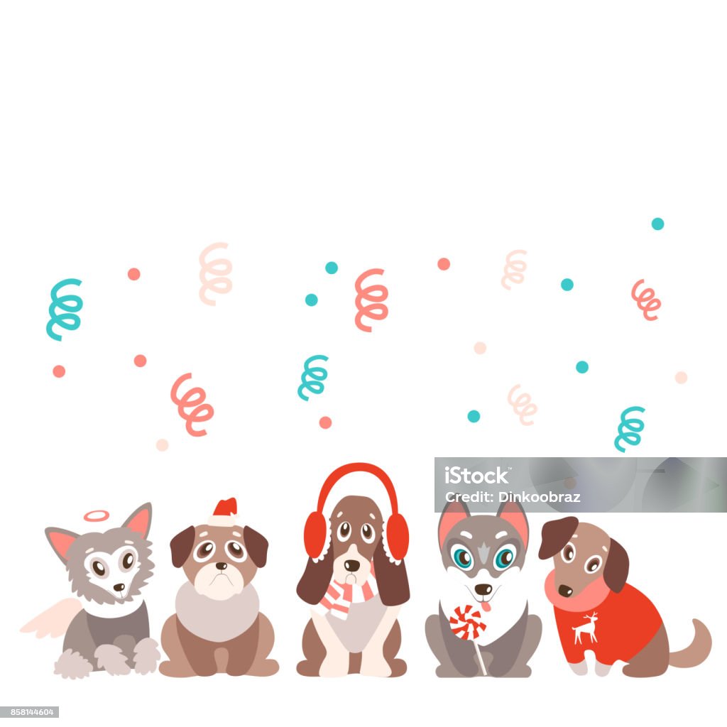 vector background with cute cartoon puppies in warm winter cloth vector background with cute cartoon puppies in warm winter clothes. Different breeds - husky, retriever, pug, Chinese crested and basset. Natural colors. Angel stock vector