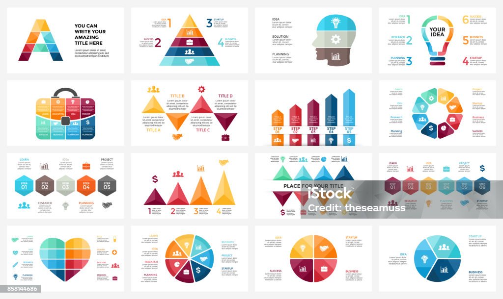 Vector circle arrows infographic, cycle diagram, business graph, presentation chart. Options, part, step, process. Human head, light bulb, briefcase, timeline, heart love, pyramid, letter A Circle arrows diagram for graph infographic presentation with steps parts options. Infographic stock vector
