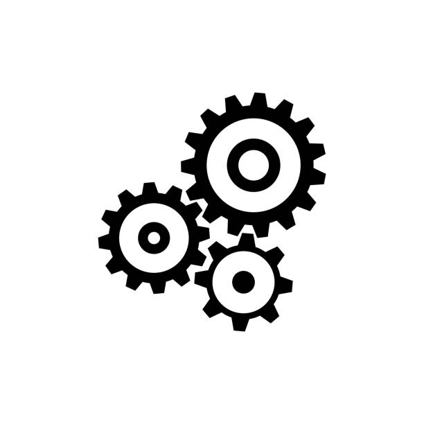 Cogwheel gear mechanism icon. Black, minimalist icon isolated on white background. Cogwheel gear mechanism icon. Black, minimalist icon isolated on white background. Mechanism simple silhouette. Web site page and mobile app design vector element. gears icon white stock illustrations