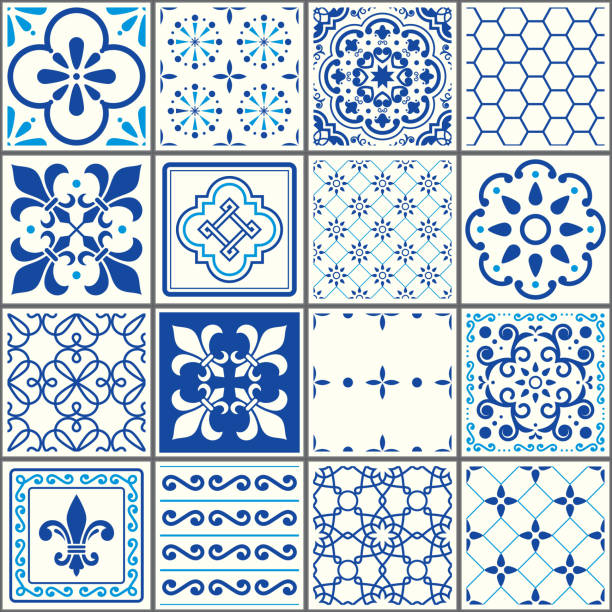 istock Portuguese tiles pattern, Lisbon seamless navy blue tiles, Azulejos vintage geometric ceramic design 858148388