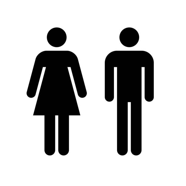Man and woman icon. Black icon isolated on white background. Man and woman icon. Black icon isolated on white background. Man and woman simple silhouette. Web site page and mobile app design vector element. bathroom icons stock illustrations