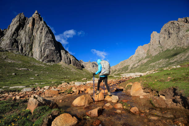 istock Young woman with backpack walking on mountain 858151728