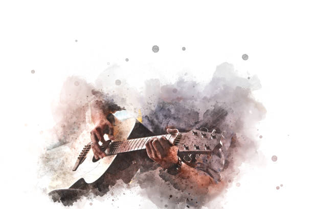 Abstract beautiful playing Guitar in the foreground, Watercolor painting background and Digital illustration brush to art. drum, popular, fun, roll, white, rock, music, instruments, sing, musician, sound, show, guitarist, star, gig, male, song, rocker, paint, keyboardist, guitar, editorial, modern, drummer, energy, performer, stage, band, brush, entertainment, nightclub, watercolor, blues, concert, solo, musical, romantic, microphone, jazz, background, play, party, man, singer, artist, pop, metal, performance, watercolor painting central java province photos stock pictures, royalty-free photos & images
