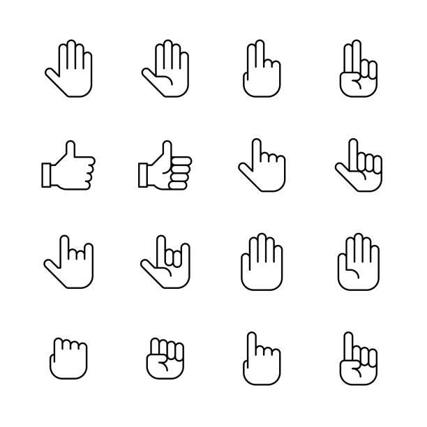 손 아이콘-라인 - human thumb pointing human finger human hand stock illustrations