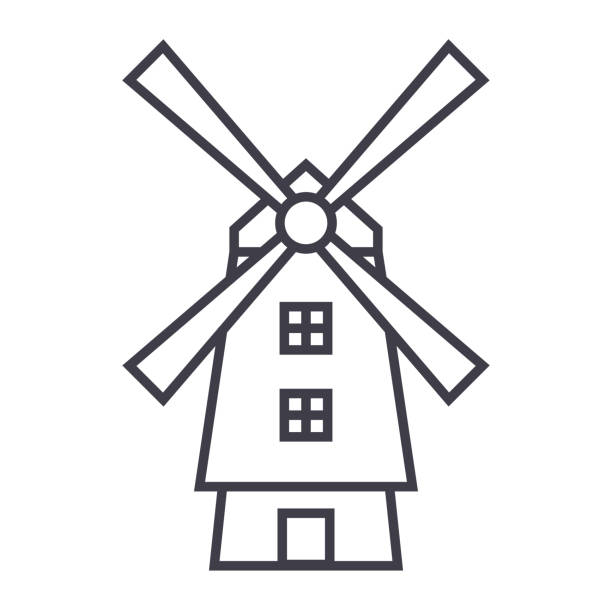 ilustraciones, imágenes clip art, dibujos animados e iconos de stock de molino de viento, holanda vector línea icono, signo, ilustración de fondo, trazos editables - windmill architecture traditional culture mill