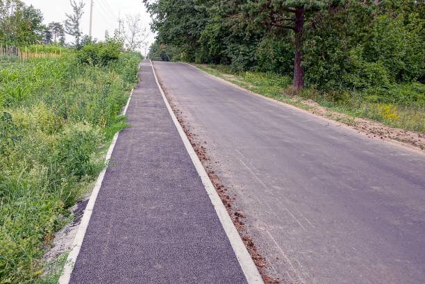 istock Green trees and bushes along an empty asphalt road and a footpath 858153292