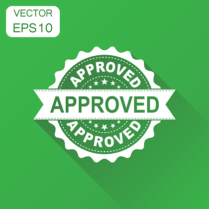 Approved seal stamp icon. Business concept approve accepted badge pictogram. Vector illustration on green background with long shadow.