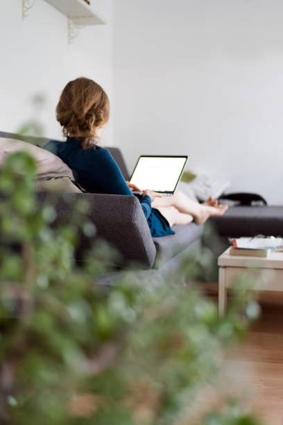 donna seduta su un divano a casa e sta lavorando su laptop con schermo vuoto da casa - rear view women back back of head foto e immagini stock
