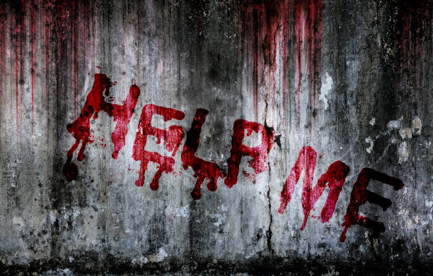Write a help me message on bloody background scary old dirty wall, concept of Halloween and horror crime