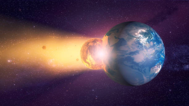 istock 3d rendering. Meteorite crashing against planet earth 858172092