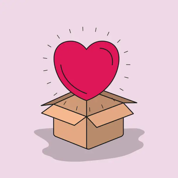 Vector illustration of color image background heart coming out of cardboard box