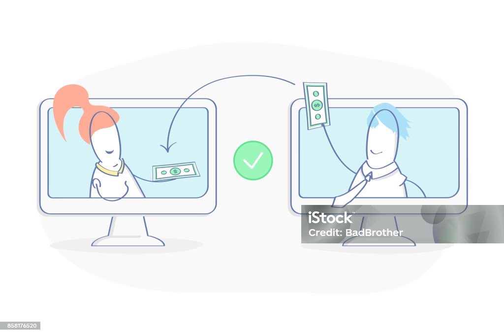 People sending and Receiving money People sending and Receiving money, payments between the wallets (people) . Payment Transfer, Transaction. Flat outline vector illustration. Premium quality line icon concept. Bank - Financial Building stock vector